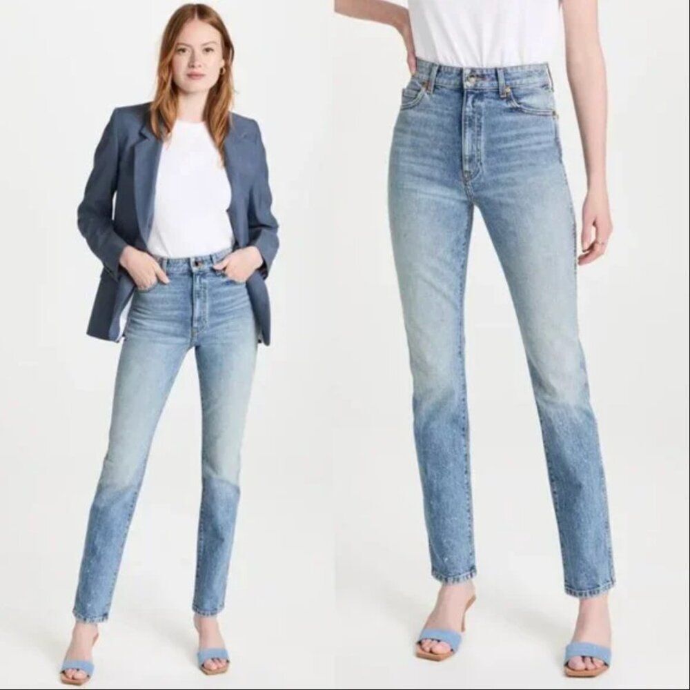NWT KHAITE medium faded wash indigo blue denim Daria slim straight paint jeans